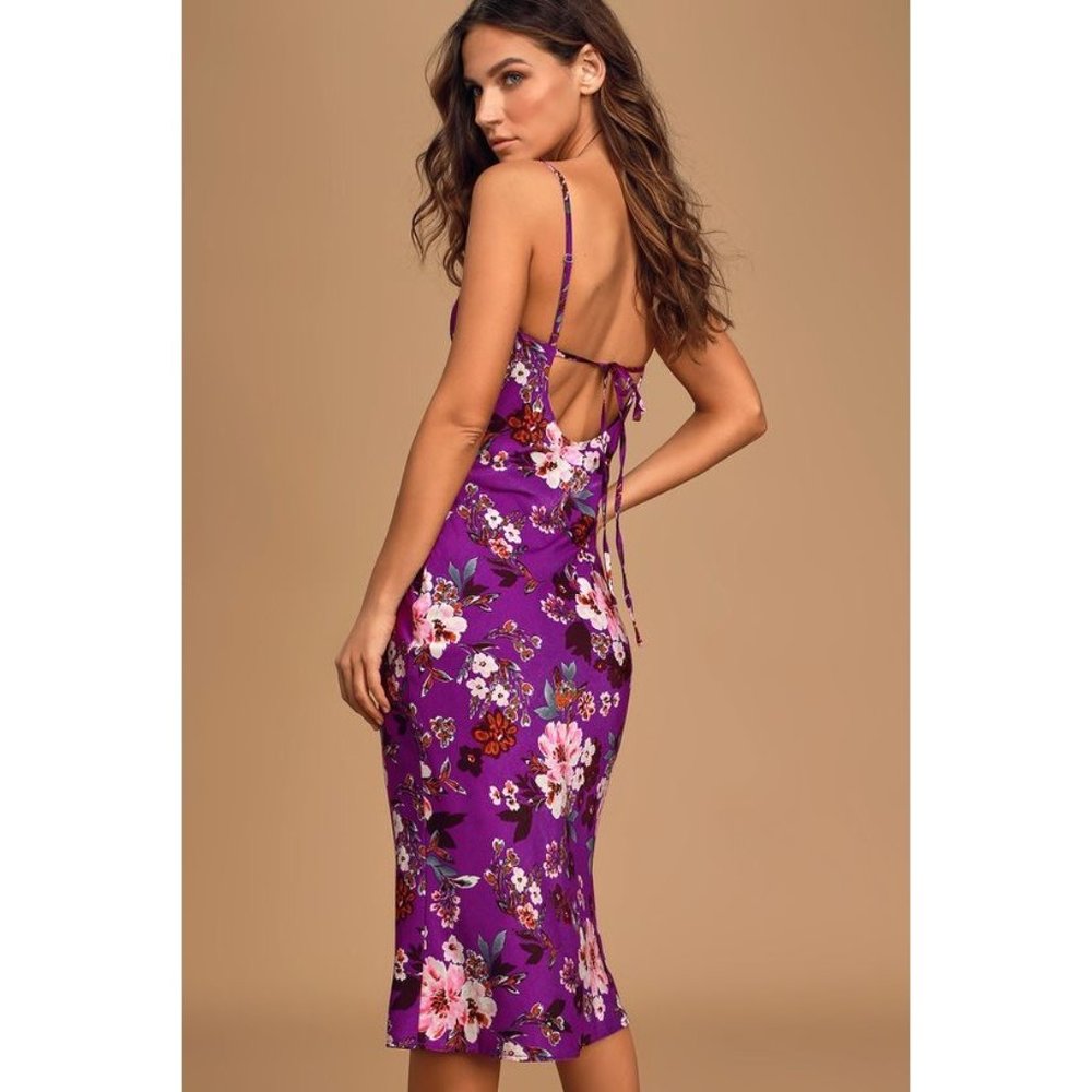 Lulus Womens Blossoming Romance Purple Floral Print Satin Midi Dress XS Backless